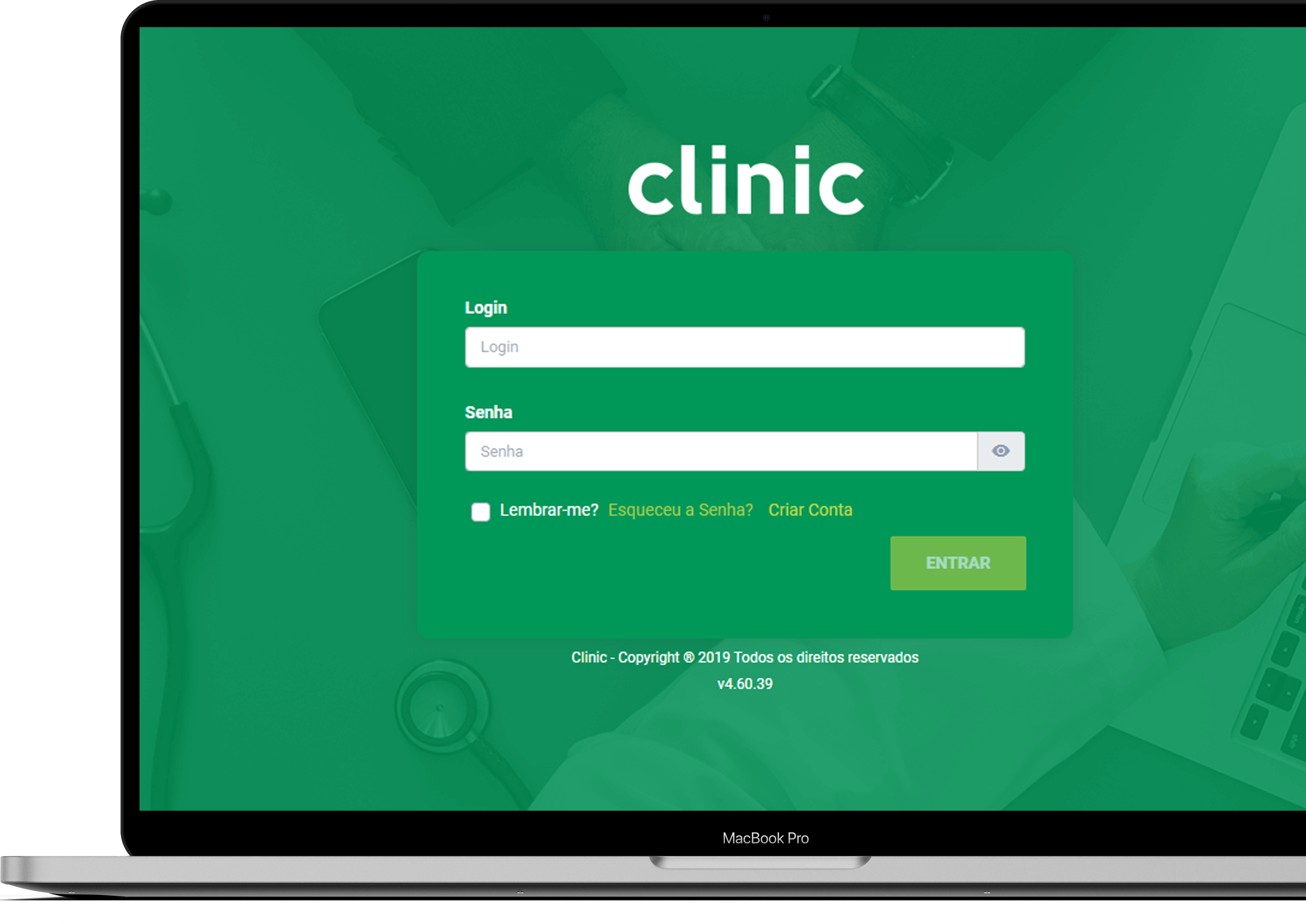Mockup com tela de login do Clinic